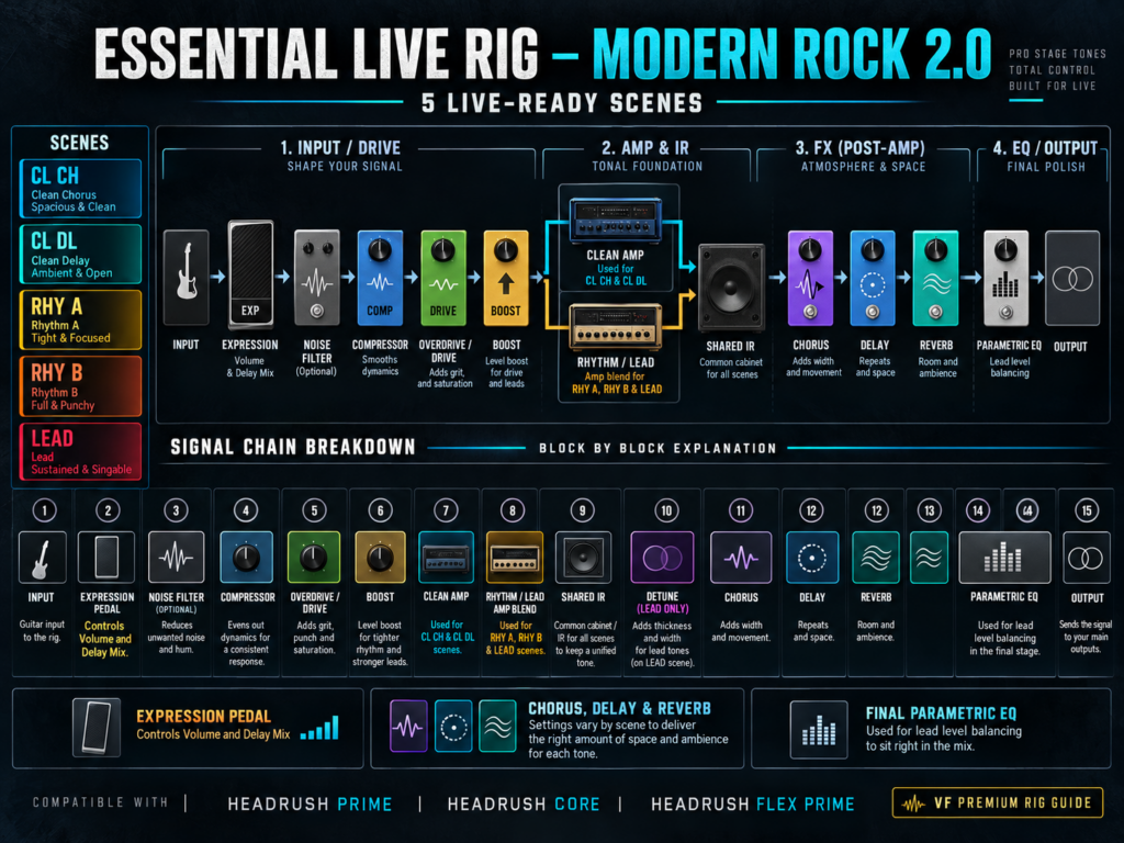 HeadRush Essential Live Rig Modern Rock 2.0 five-scene signal chain with shared IR, dual amp blend and live effects